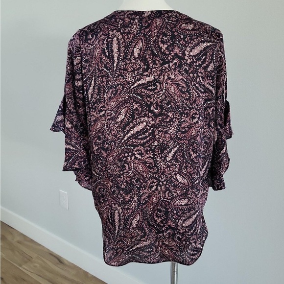 Vince Camuto Navy and Mauve Ruffled Bell Sleeve Blouse - Picture 2 of 6